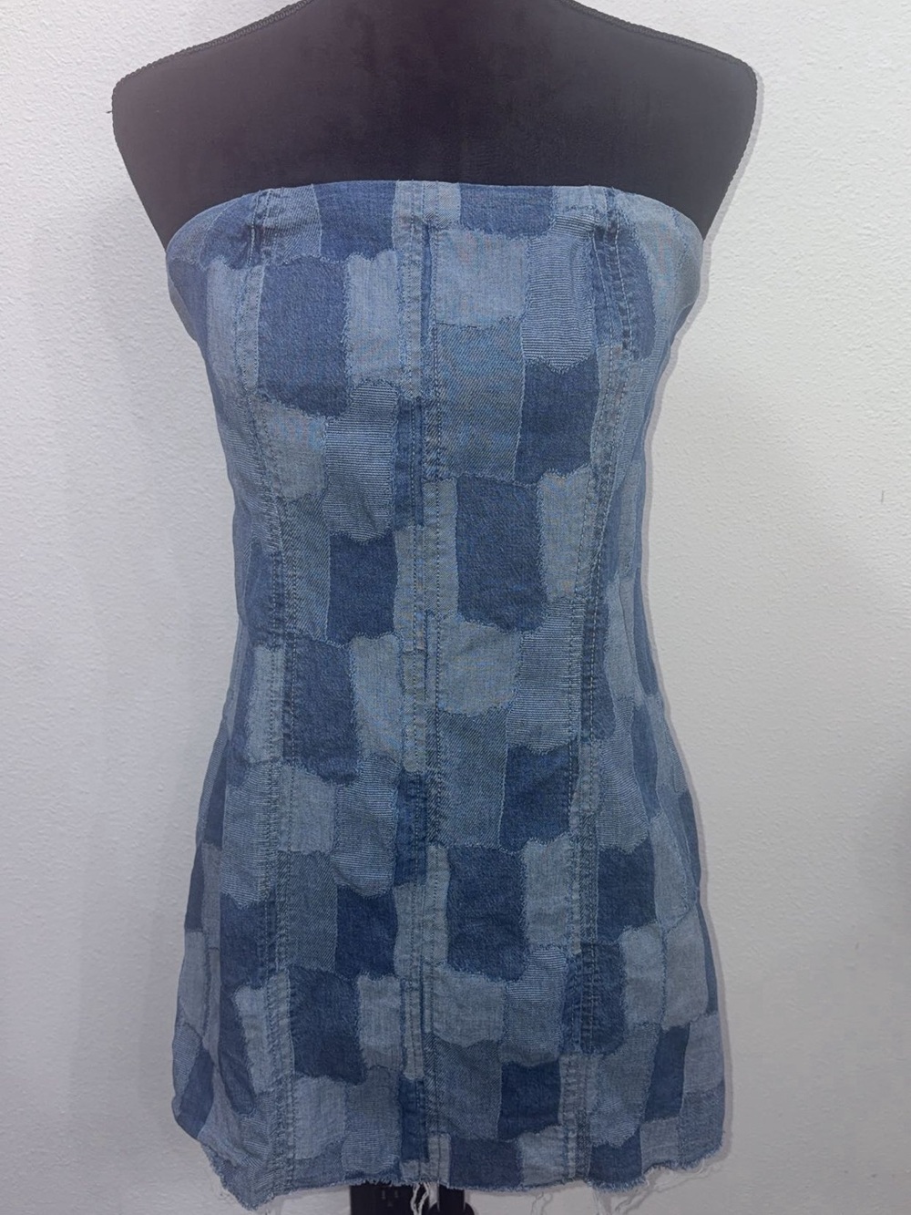 wild fable Blue Patchwork Denim Strapless Dress